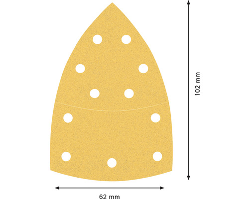 Triangulärt sandpapper med hål och måtten 102 mm gånger 62 mm.