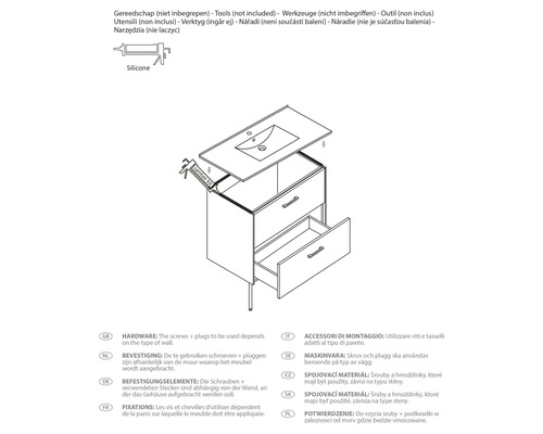 Skiss av ett tvättställsskåp med lådor, tvättställ och silikonpistol