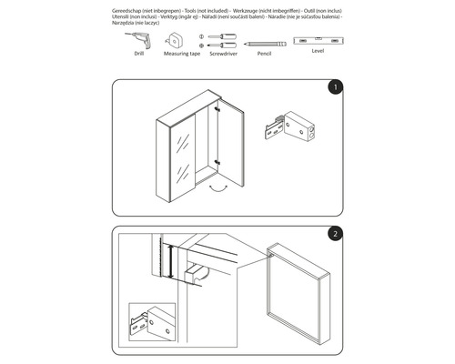 Instruktioner för montering av ett spegelskåp med verktyg