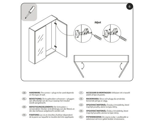 Illustration av en monteringsanvisning för ett spegelskåp med skruvmejsel
