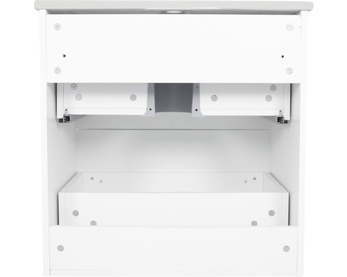 Invändig vy av ett vitt tvättställsskåp med lådor för badrum