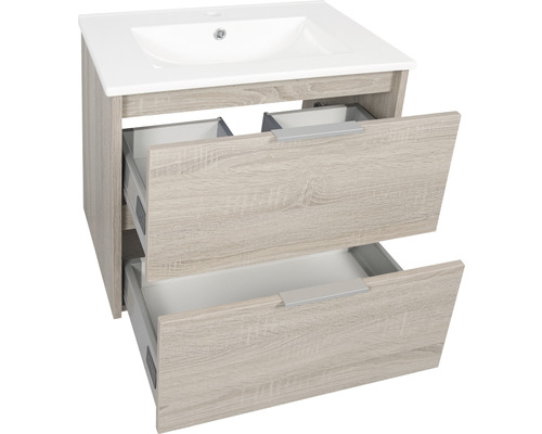 Tvättställsskåp med två öppna lådor och keramisk tvättställ