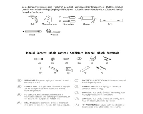 Bild på verktyg och fästmaterial som borr, skruvmejsel, skruvar och pluggar