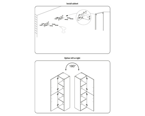 Instruktioner för skåpmontering med monteringsalternativ vänster eller höger