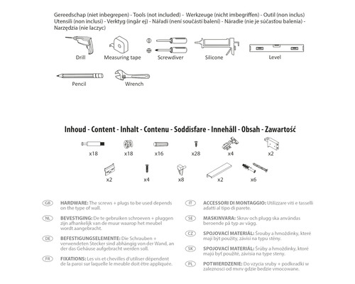 Bild av verktyg och beslag för montering, där typen av skruvar och pluggar beror på väggtypen