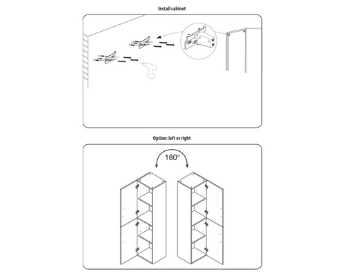 Instruktioner för skåpmontering med alternativ för montering på vänster eller höger sida
