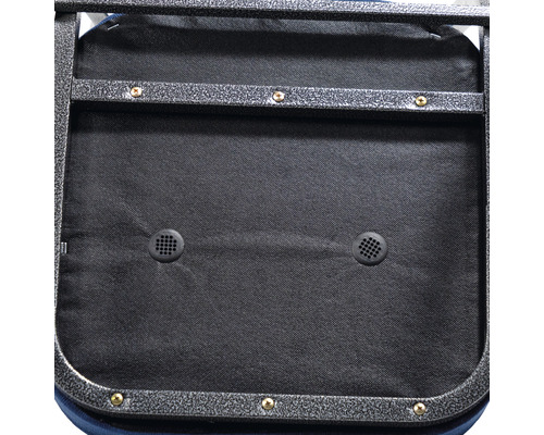 Undersida av en stol med tygklädsel och metallram