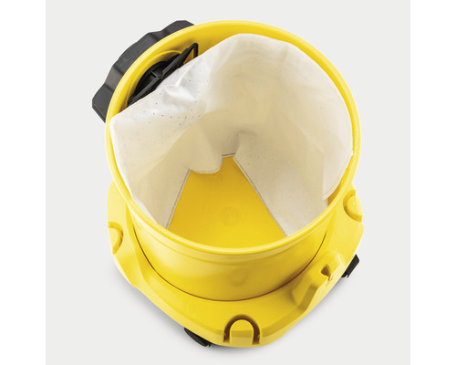 Gul dammsugare med filterpåse uppifrån