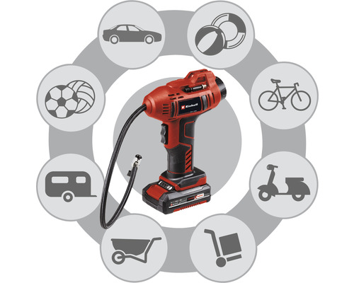 Einhell batteridriven luftpump med exempel på användningsområden