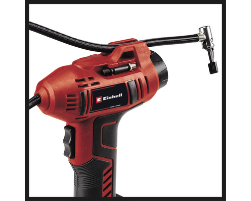 Einhell batteridriven kompressor med tryckslang och Einhell-logotyp
