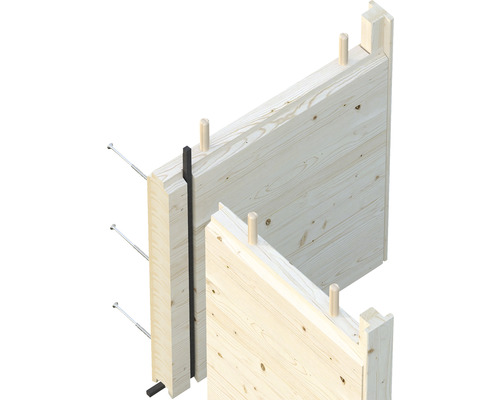 Träväggkonstruktion med isolering och anslutningsstycken