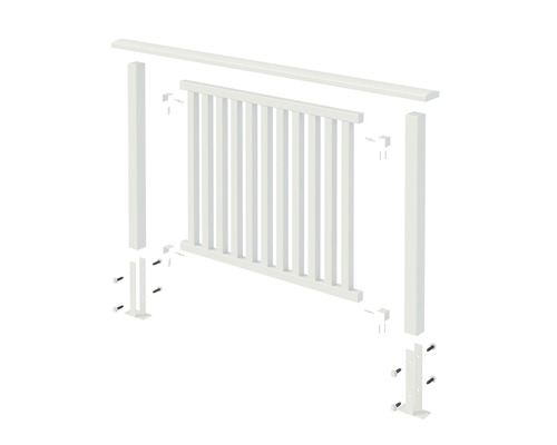 Byggsats för ett räcke system med stolpar, räckesfyllning, fotplattor och tillbehör