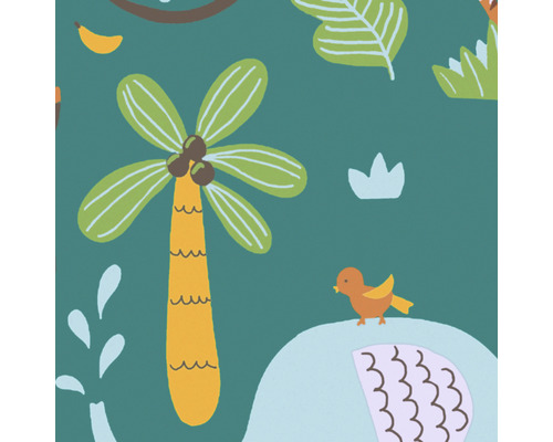 Tapet med djungelmotiv, inklusive palmer och en fågel