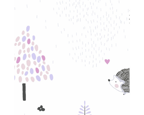 Illustration med igelkott, träd och hjärtan