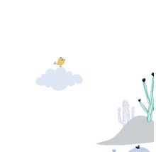 Illustration med en fågel på ett moln och kaktusar