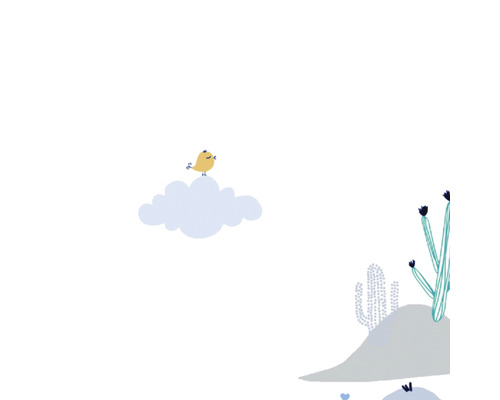Illustration med en fågel på ett moln och kaktusar
