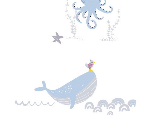 Illustration med bläckfisk, val, sjöstjärna och mås för väggdekoration