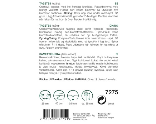 Information om tagetes, planteringsanvisningar och företagsinformation
