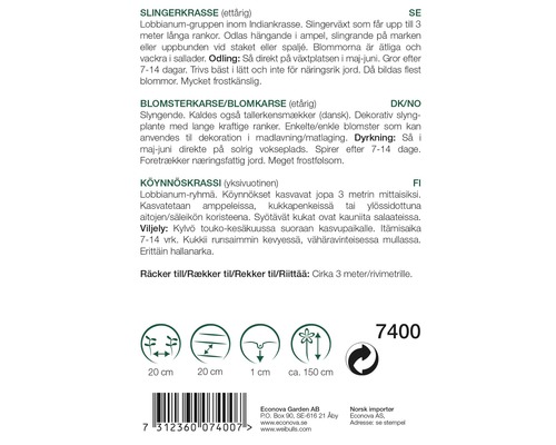 Fröförpackning slingerkrasse med information om odling och egenskaper