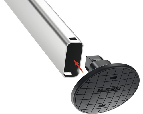 Detaljbild av en aluminiumprofil med plastfot för montering