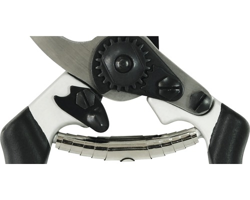 Närbild av en trädgårdssax med stålskär, en växel och ett handtag