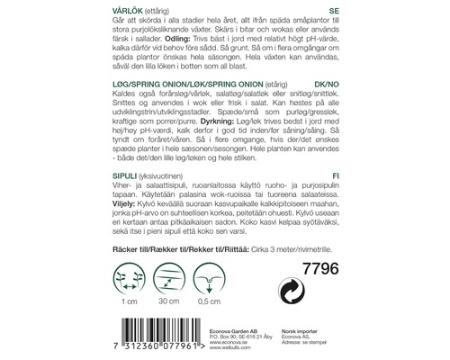 Information om sådd av vårlök med avstånd och sådjup