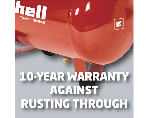 Detaljvy av en luftkompressor med 10 års garanti mot genomrostning.