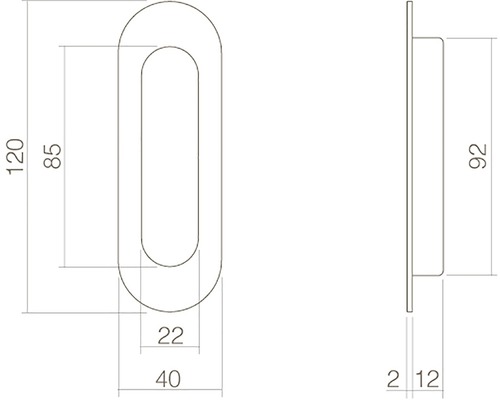 Teknisk ritning av en skålhandtagsmodell med dimensioner