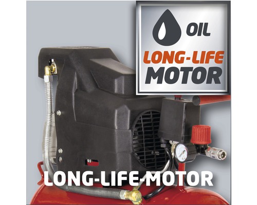 Detaljbild av en kompressor med en oljesymbol som indikerar en motor med lång livslängd.