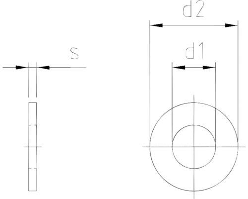 Teknisk ritning av en bricka med måtten d1, d2 och s