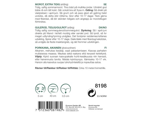 Information om sådd och skörd av morötter på en förpackning