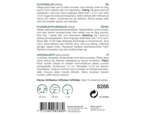 Fröförpackning för plocksallat med information om odling och skörd