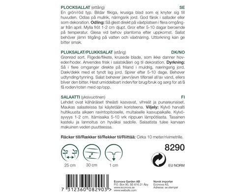 Information om plocksallat på en förpackning