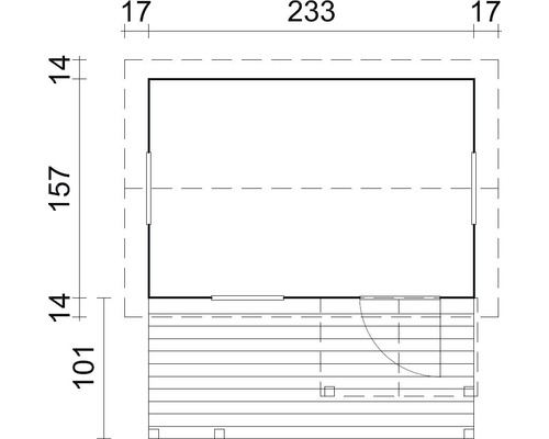 Planritning av ett trädgårdshus med terrass och måttangivelser