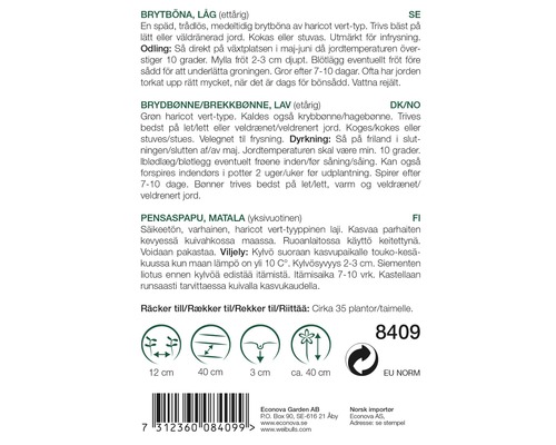 Information om buskbönor, inklusive såddetaljer och förväntad skörd