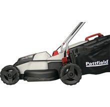 Gräsklippare med uppsamlare och Pattfield-logotyp