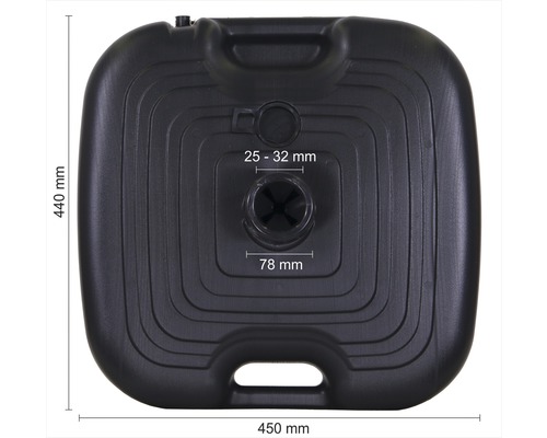 Fyrkantigt parasollställ av plast med måtten 440 mm x 450 mm