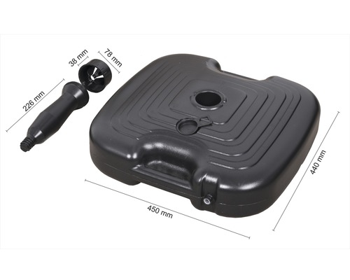 Parasollfot av plast som mäter 450 gånger 440 millimeter och tillbehör.