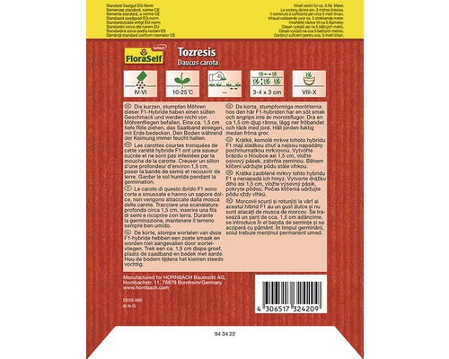 Baksidan av fröbandförpackningen från FloraSelf Tozresis Daucus carota med planteringsanvisningar