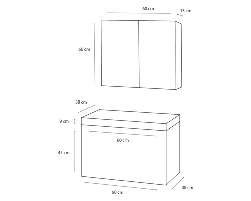 Teknisk ritning av ett badrumsmöbelset med tvättställsskåp och spegelskåp med mått