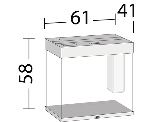 Bild på ett akvarium med måtten 61 cm bredd, 58 cm höjd och 41 cm djup.