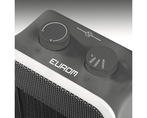 Detaljvy av en värmare med vridknappar för temperaturinställning och effektlägen på 0 watt, 800 watt, 1600 watt och 2400 watt, samt Eurom-logotypen