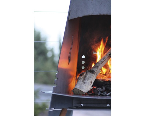 Eldstad av metall med brinnande ved