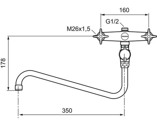 Teknisk ritning av en köksblandare med mått.