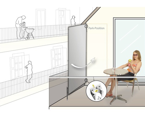 Balkongscen med sidomarkis för avskildhet och skydd mot sol och vind.