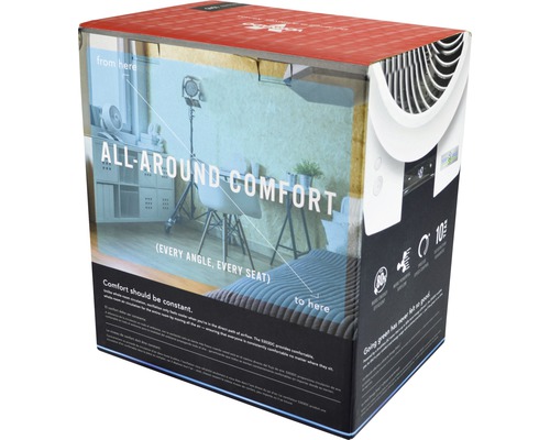 "Förpackning för ett rumsklimataggregat med sloganen ""Allround Comfort"""