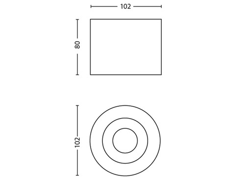 Teknisk ritning av en produkt med rektangulär form, 102 x 80 mm, och rund form, diameter 102 mm