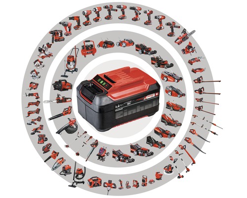 Einhell batteri med diverse verktyg i bakgrunden