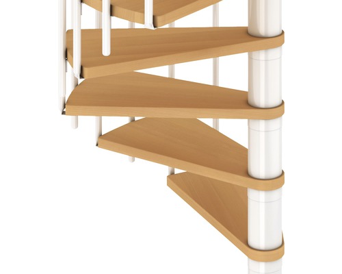 Närbild av en spiraltrappa med trätrappsteg och metallräcke