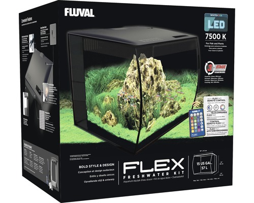 Fluval Flex sötvattensakvarium komplett set med belysning och filtersystem i produktförpackning